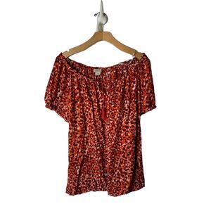 Lucky Brand Plus 1X Red & Orange Animal Print Tie-Neck Off-Shoulder Boho Top
